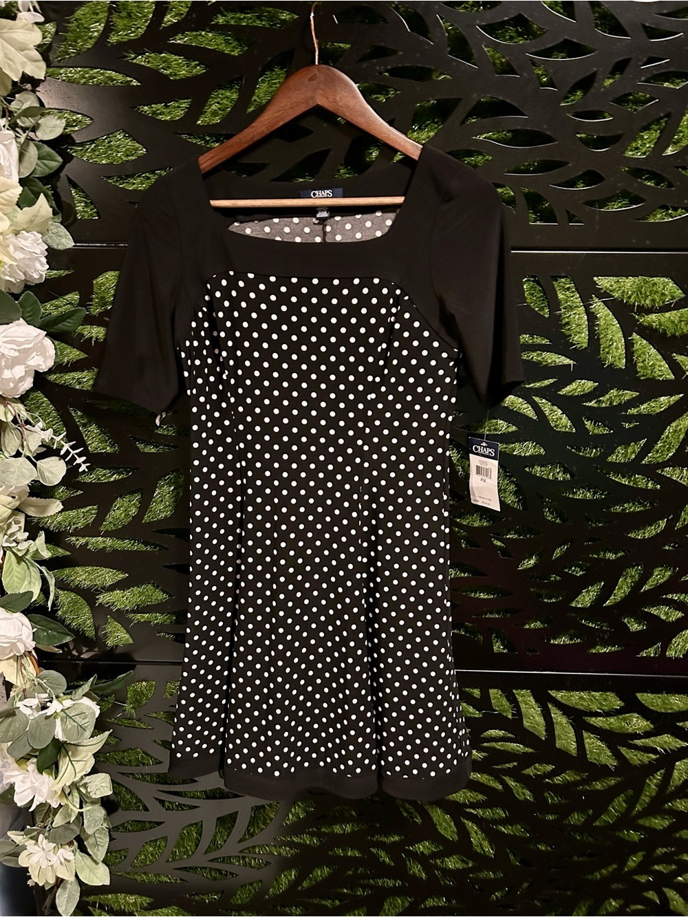 Chaps Black and White Polka Dot Fit & Flare Mini Dress, PM